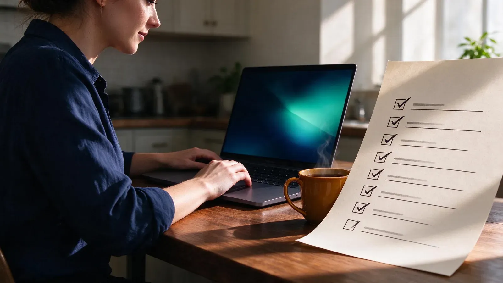 Small business owner comparing AI blog generator drafts against a printed checklist