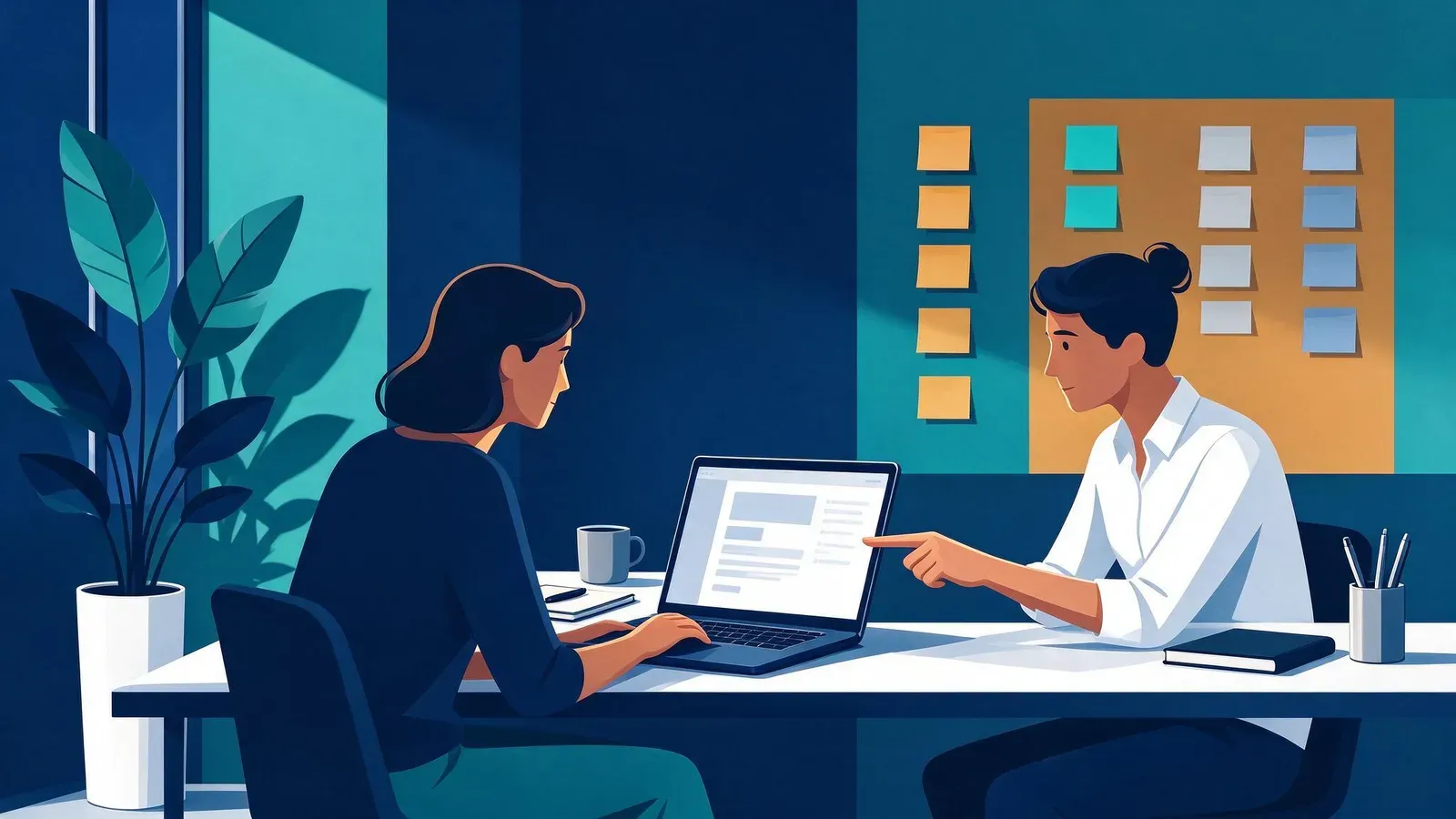 Two colleagues reviewing a blog draft as part of a blog approval workflow